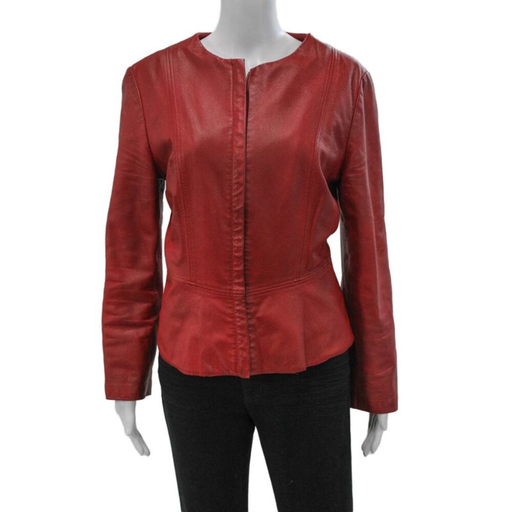 Liliu Womens Basic Leather Jacket Red Zip Size M